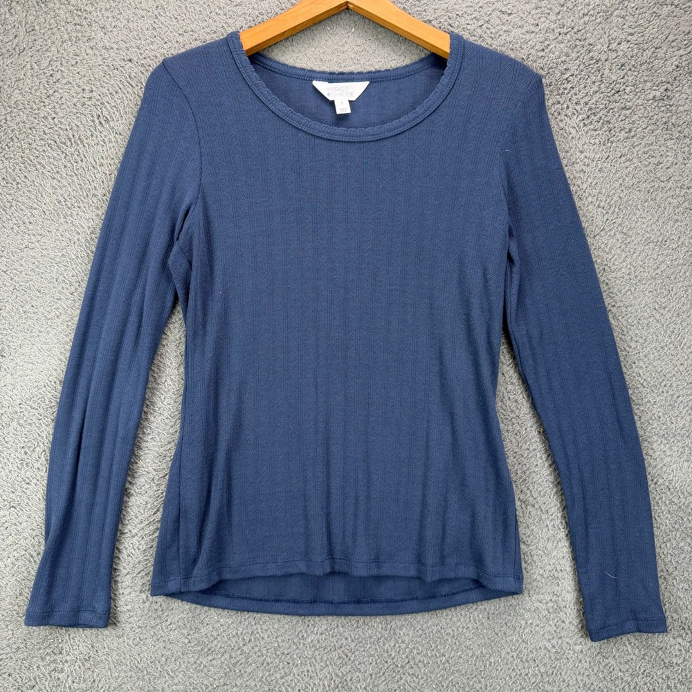 Market & Spruce Womens Navy Blue Ribbed Pointelle Knit Long Sleeve Top Size M